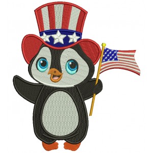 Patriotic Penguin Wearing USA Hat and Flag Filled Machine Embroidery Design Digitized Pattern